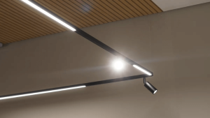 luminaria linear em trilho acesa 