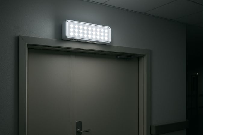Luminara de emergência em cima de uma porta iluminando o ambiente escuro
