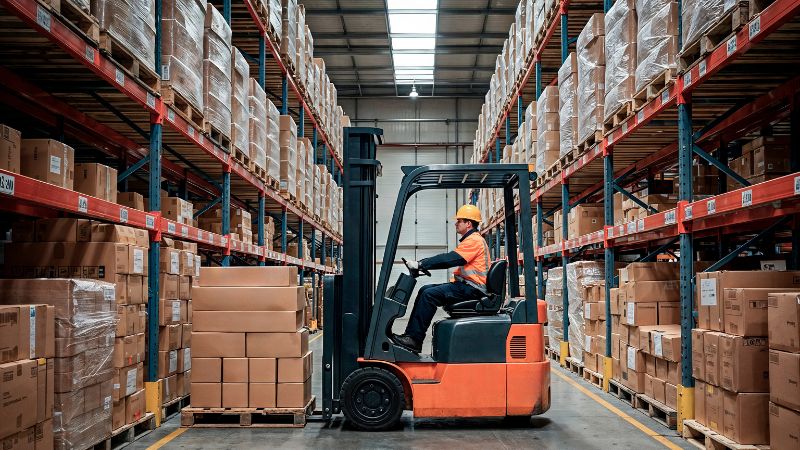 trabalhador de armazem que opera uma empilhadeira em uma instalacao de armazenamento